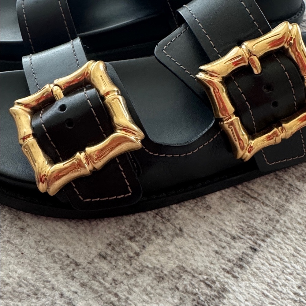 Schutz Black Sandals with Gold Buckles - Picture 3 of 7